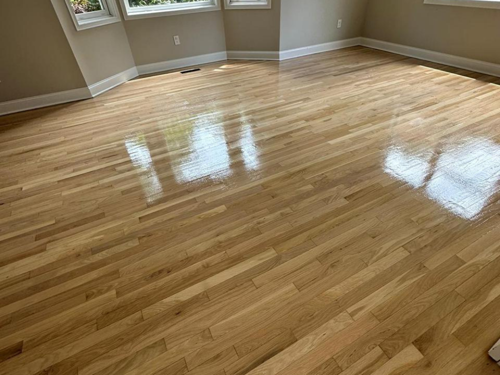 Freshly sanded and finished natural wood floors, shining beautifully in a bright room with large windows and lush greenery outside.